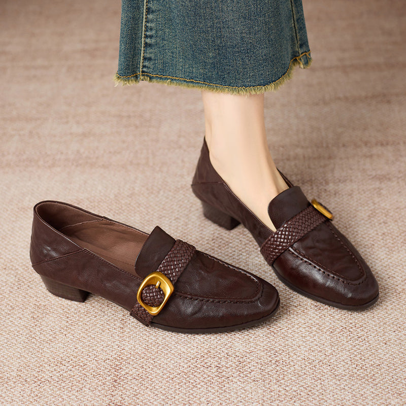 Women's Woven Strap Buckle Leather Loafers Square Toe Slip-On Shoes in Black/Brown