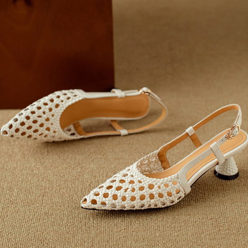 Woven Leather Point Toe 55mm Kitty Heel Sandals Slingback Pumps in Black/Beige